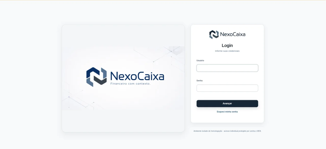 Tela de login do NexoCaixa com área institucional à esquerda e formulário de acesso à direita.