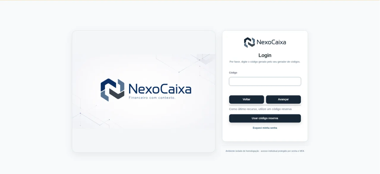 Tela de segundo fator de autenticação do NexoCaixa para validação por código MFA.