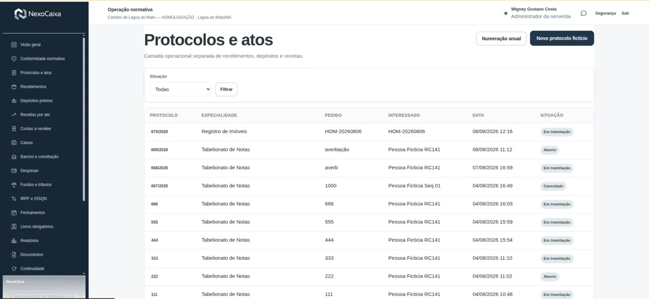 Tela de protocolos e atos do NexoCaixa com listagem de protocolos e suas situações.